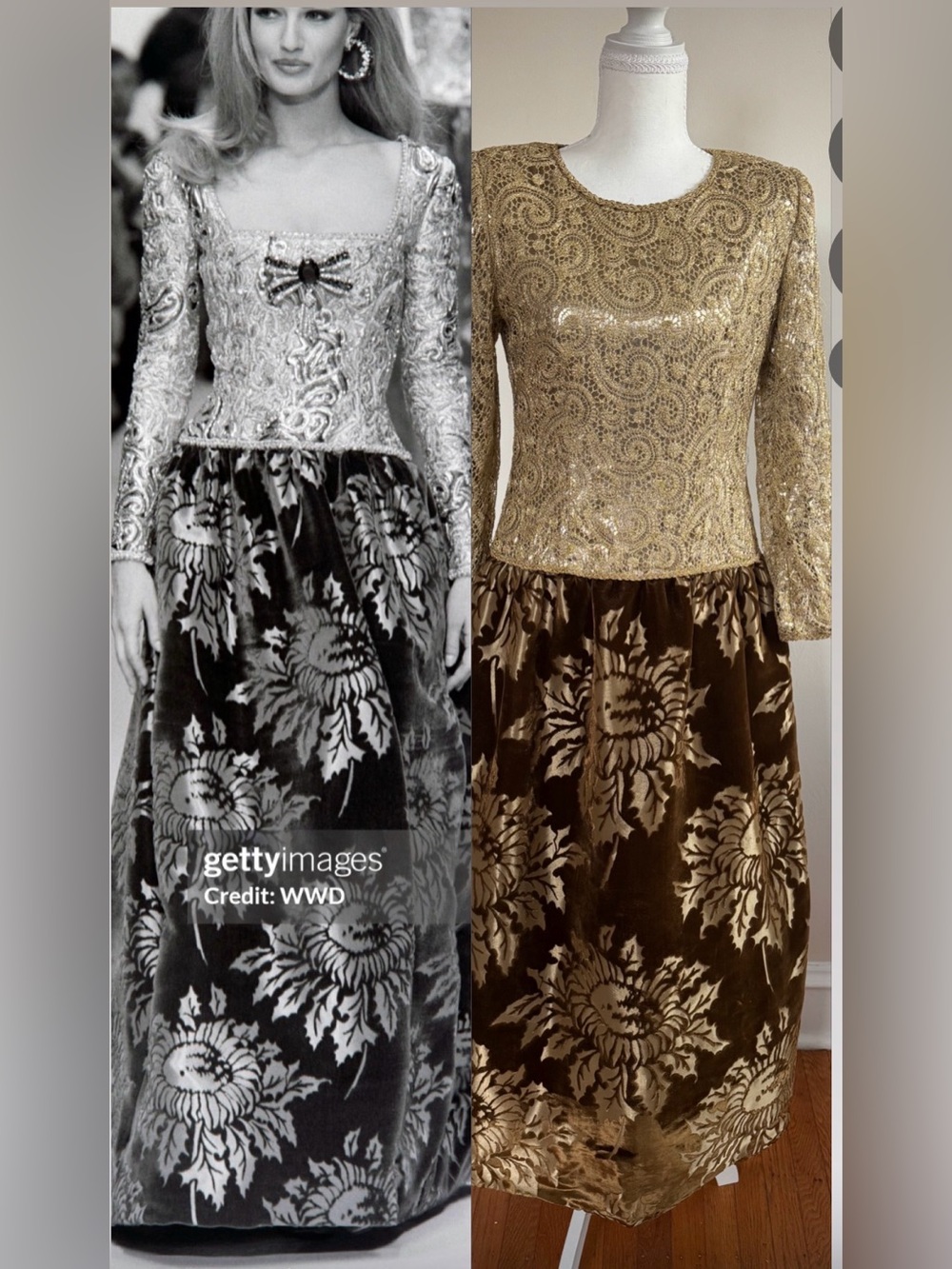 Oscar de la Renta vintage 1992 fall winter runway velvet gold gown, No size tag